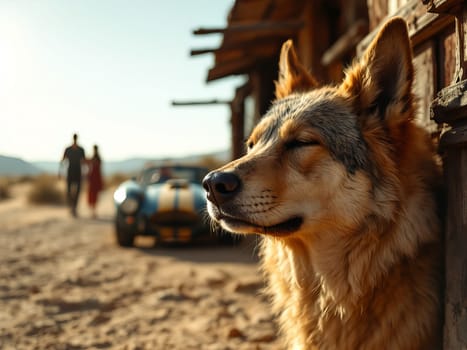 Wolfdog resting peacefully in a desert tuning garage with a vintage Shelby Cobra sports car and people walking in the background. Ai generated