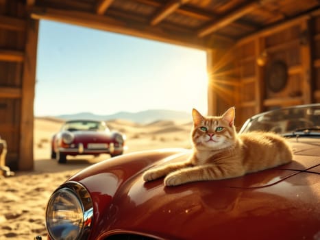 Red cat lying on a vintage car parked in a wooden garage in the desert with another vintage car in the background. Ai generated