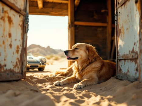 Golden retriever dog resting in the sand inside an old rusty garage with a vintage super car parked outside in the desert. Ai generated