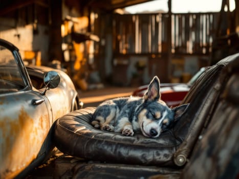 Adorable puppy resting on a leather car seat inside an automotive repair shop, surrounded by classic cars. Ai generated