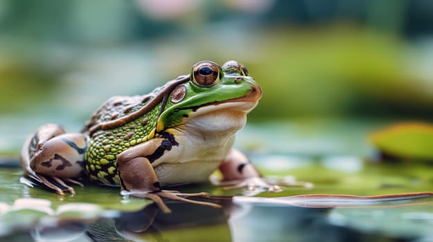 A vibrant frog is perched on a lily pad surrounded by calm water and lush greenery, sun shining brightly, showcasing its unique colors and patterns - Generative AI