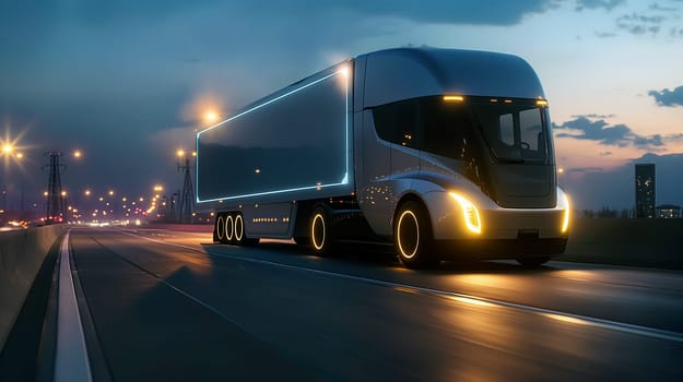 The electric truck travels along a highway during dusk, showcasing its illuminated features against the backdrop of a bustling city under the setting sun - Generative AI