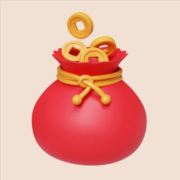 A vibrant 3D render of a traditional Chinese New Year money bag symbolizing wealth and prosperity in a festive setting.