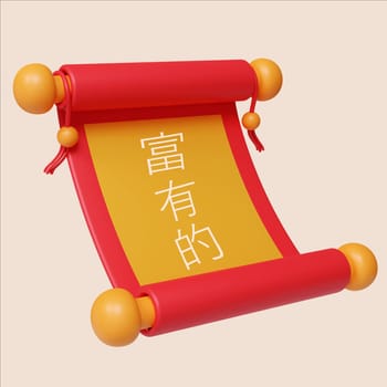 A vibrant 3D render showcasing a decorative scroll for Chinese New Year symbolizing prosperity and celebration.