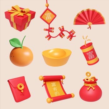 A colorful 3D render showcasing traditional Chinese New Year symbols capturing the essence of festive celebrations.