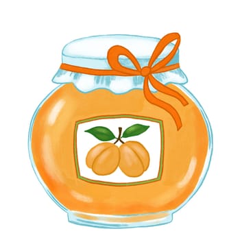 Hand drawn illustration of orange apricot jam in glass jar with lide. Tasty sweet confiture marmalade homemade jelly in conserved product, white label canning cooking kitchen breakfast