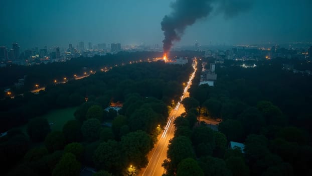 A city with a fire burning in the distance. The fire is in the middle of the city and is surrounded by trees. The sky is dark and the city lights are visible