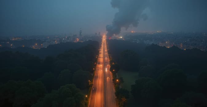 A city with a fire burning in the distance. The fire is in the middle of the city and is surrounded by trees. The sky is dark and the city lights are visible