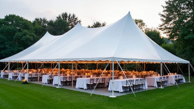 A large tent with tables and chairs set up for a wedding reception. The tables are covered with white tablecloths and there are many chairs around them. The atmosphere is elegant and festive