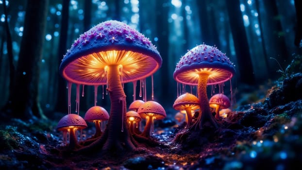 A group of glowing mushrooms in a forest. The mushrooms are lit up and appear to be glowing in the dark
