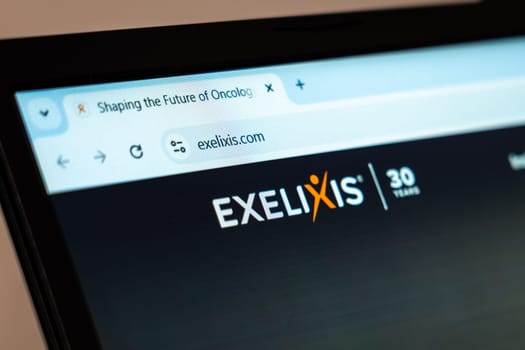 New York, USA - January 07, 2025: Exelixis website homepage displayed on a computer screen featuring biotechnology and oncology innovation