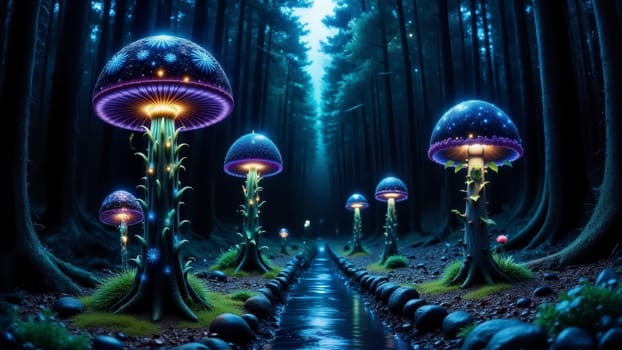 A group of glowing mushrooms in a forest. The mushrooms are lit up and appear to be glowing in the dark
