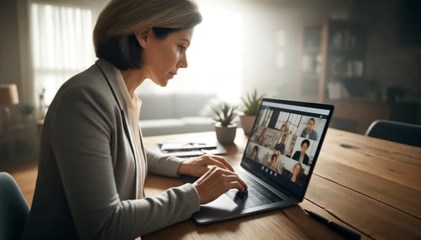 Middle-aged businesswoman, clad in business casual attire, deeply engrossed in a virtual conference call. The bright daylight streaming through her home office windows casts a glow on her workspace, enhancing her attentive interaction with colleagues on the screen.