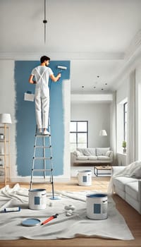 A painter on a ladder carefully applies blue paint to the upper part of a high wall in a bright, airy living room. Sunlight streams through large windows, illuminating the room’s furniture, which is covered with protective sheets. Paint supplies are scattered neatly across the wooden floor, creating a peaceful work-in-progress atmosphere.