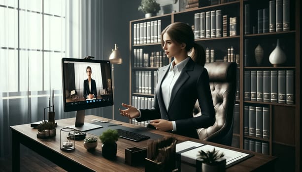 These images capture a female professional in a classic business suit, situated in a traditionally styled office with dark wood furnishings and book-lined shelves. The subtle art and filtered natural light enhance the formal yet inviting atmosphere, perfectly complementing her professional demeanor during a virtual meeting.