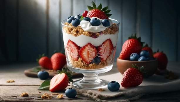 A royal berry almond parfait presented in a glass adorned with gold, set against a backdrop of warm light and a classic checkered tablecloth, exudes elegance and indulgence.