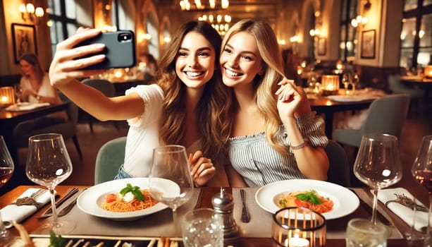 Two bi-racial girlfriends sit at a sleek restaurant table, taking a joyful selfie. The modern design features glass walls, ambient lighting, and stylish furniture. They enjoy elegantly plated dishes and fine cocktails, with their happy expressions highlighted by the blurred background.