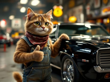 Ginger cat wearing overalls and a bandana gives a thumbs up gesture next to a classic black car inside a garage. Ai generated