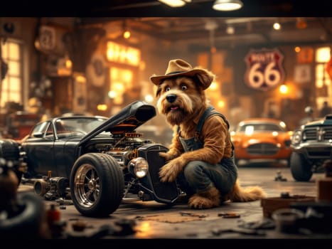 Anthropomorphic dog wearing overalls and a hat working as a mechanic repairing a vintage car inside a garage on Route 66. Ai generated