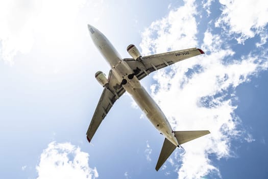 MELBOURNE, AUSTRALIA - SEPTEMBER 07, 2024: A Virgin Australia Boeing 737-8FE flies into Melbourne on September 7th 2024