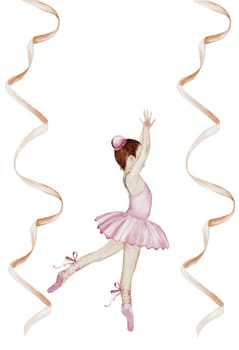 Ballerina dancing watercolor. Little girl in pink tutu with ribbons on isolated white background. Ballet themed postcard template. Ideal for cards and posters