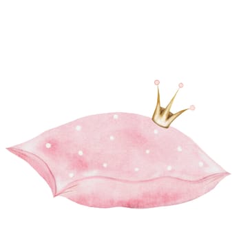 Pillow with crown watercolor. Hand drawing of pink pillow on isolated white background. Clip art of bed linen. Ideal for cards, posters and stickers. High quality illustration