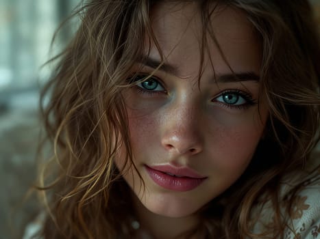 Close-up portrait of a stunning Caucasian teenage girl with mesmerizing blue eyes, freckles, and natural curly brown hair, exuding confidence. Ai generated