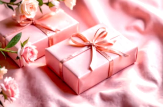 Decorative pink gift boxes are surrounded by delicate roses, creating a romantic atmosphere perfect for Valentine's Day.. Blurred picture