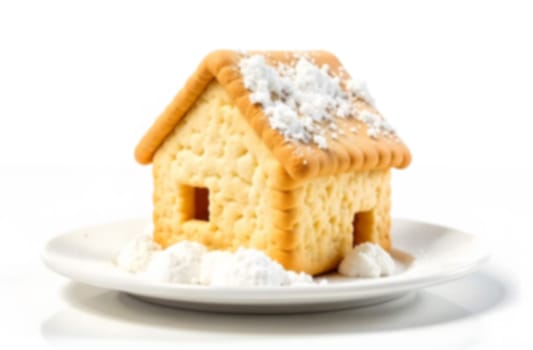 A charming gingerbread house adorned with powdered sugar sits on a plate, ready for holiday celebrations and festivities.. Blurred picture