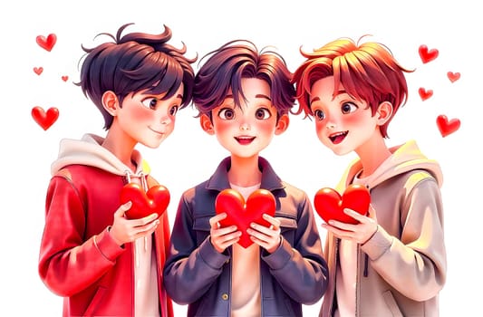 Three friends smile as they hold large heart-shaped gifts, enjoying a festive Valentine's Day moment together.