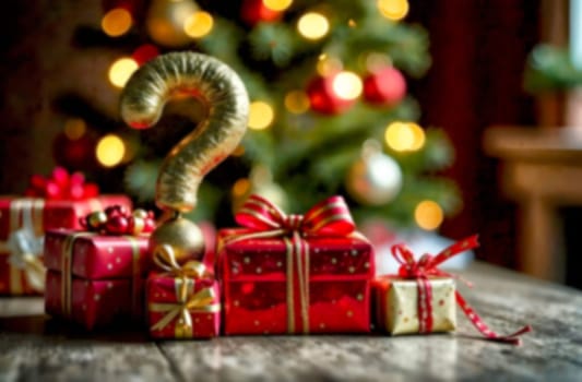 Colorful wrapped presents with a gold question mark ornament create an intriguing holiday atmosphere by the Christmas tree.. Blurred picture