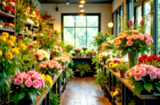 Bright displays of flowers in various colors fill the flower shop, creating a cheerful ambiance that invites customers to explore.