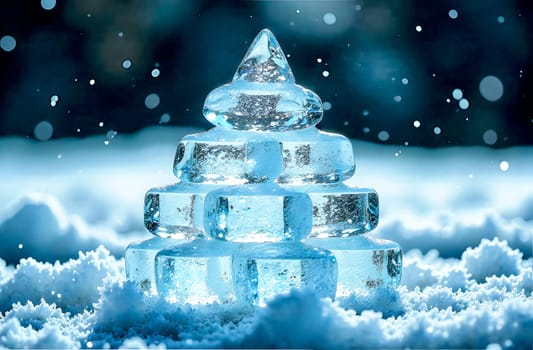 A beautifully shaped ice Christmas tree rises in fresh snow, surrounded by gently falling snowflakes, creating a festive vibe.
