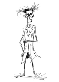 Quirky scientist character in a white lab coat, animated sketch style.