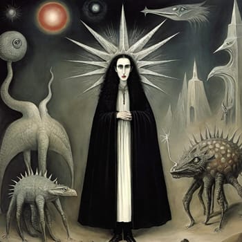 girl in black cloak, monsters horror star. High quality illustration