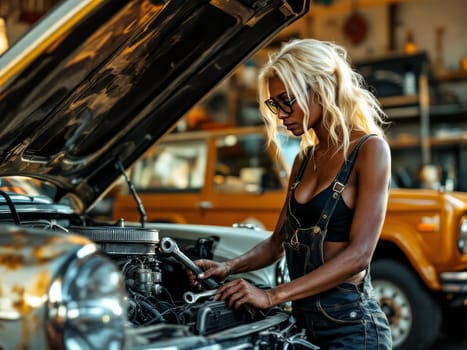 Concentrated blonde african american woman mechanic using wrench to repair vintage car engine in garage. Ai generated