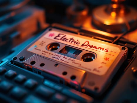 Close-up of vintage audio cassette labelled electric dreams playing in a retro stereo tape recorder, illuminated by warm orange light. Ai generated