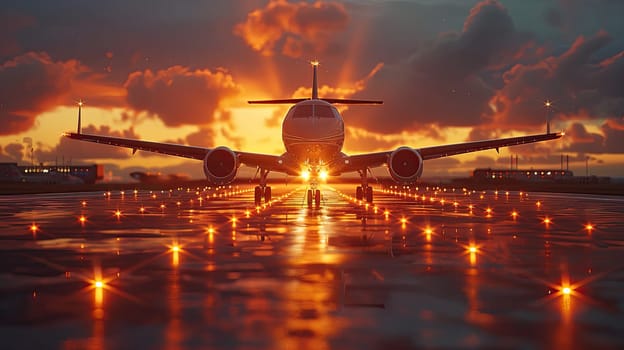 A breathtaking and captivating sunset casts brilliant and vibrant colors over an airplane positioned on the runway