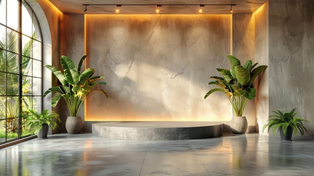 A stylish and contemporary space that brilliantly features various plants, concrete walls, and soft, warm lighting