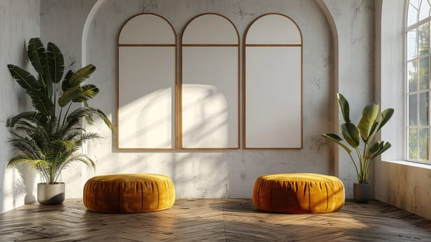 A beautifully designed contemporary space filled with poufs and lush plants for a cozy, welcoming atmosphere