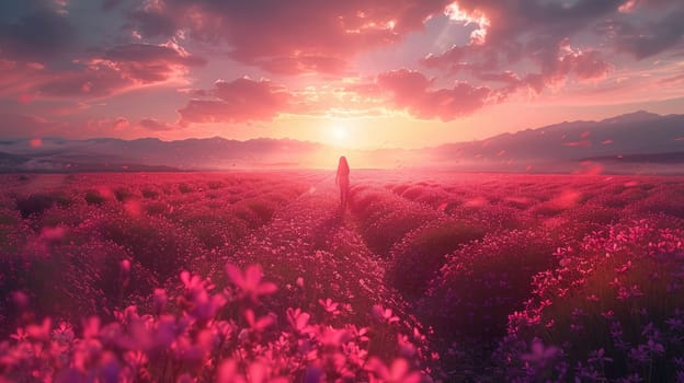 A breathtaking sunset illuminates a vast field of blooming flowers, inviting tranquility and beauty.