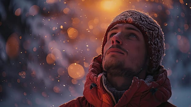 A man looks up in a snowy landscape, with beautiful bokeh and warm light creating a captivating atmosphere