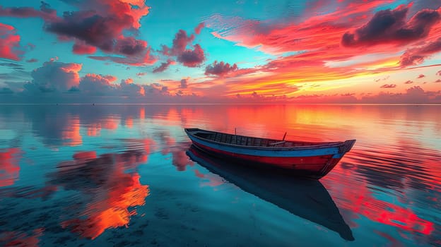 A breathtaking and picturesque sunset casting vibrant colors beautifully over calm waters with a lone boat