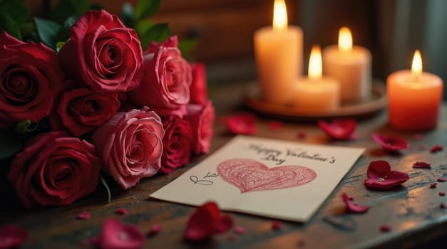 A charming display features red roses alongside flickering candles and a card that reads Happy Valentine's Day. Heart-shaped petals add a romantic touch to the setting.