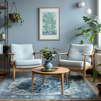 An interior design of a living room with two wooden chairs, a coffee table, and a blue flowerpot with a houseplant. The property is decorated with furniture and a touch of azure