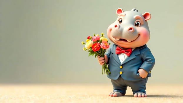 A cartoon hippo in a suit holds a bouquet of flowers. Hippopotamus Day. Protection. Happy Birthday. Generated with artificial intelligence..