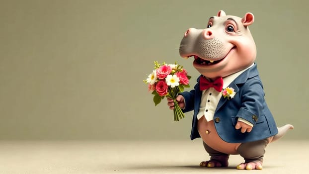 A cartoon hippo in a suit holds a bouquet of flowers. Hippopotamus Day. Protection. Happy Birthday. Generated with artificial intelligence..