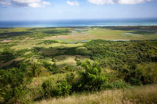Scenic view of rolling hills, wetlands, and the caribbean sea, showcasing the diverse landscape of montana redonda in miches, dominican republic