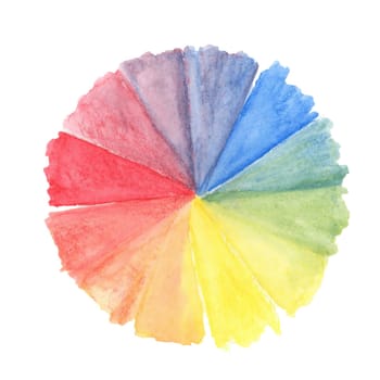 Segmented radial color wheel in vivid red, yellow, blue, and green tones. Color mixing theory clipart in watercolor crayons. Ideal for school planners, art projects, additions to print designs