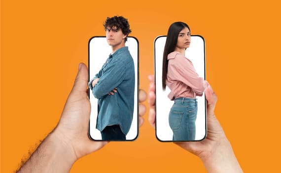 A couple in love uses their smartphones to maintain communication. Each partner is seen on a separate phone screen, showcasing their situation and emotional connection while apart.